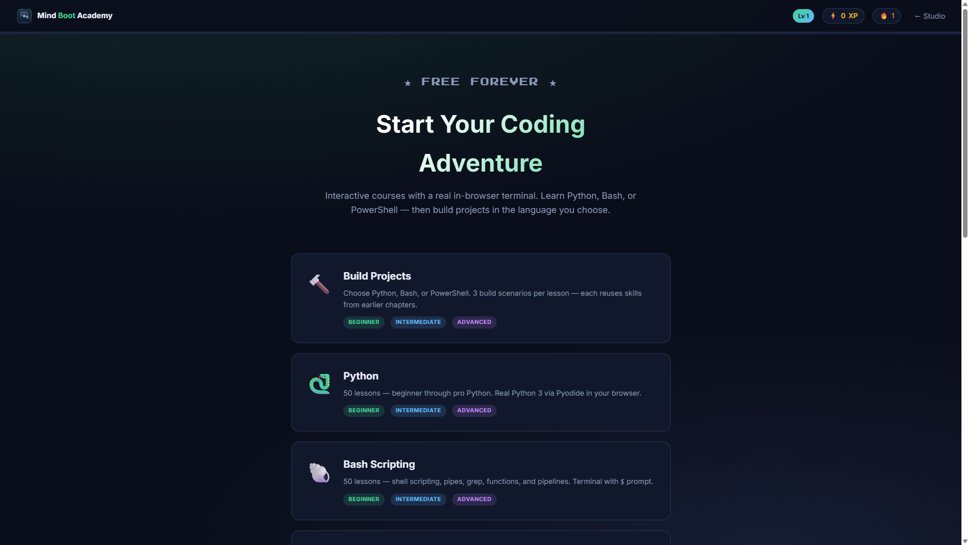 MIND BOOT Academy course list with Python, Bash and PowerShell tracks